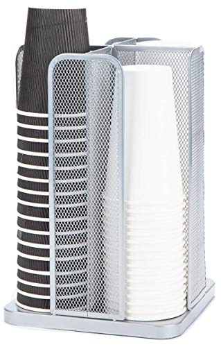 Mind Reader Carousel Cup and Lid Organizer 4 Compartment Silver Metal Mesh 8 L x 8 W x 12 H