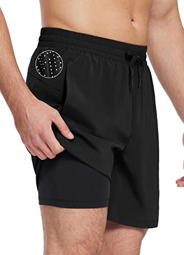 BALEAF Men's 7 Inch Swim Trunks with Compression Liner Quick-Dry Long Shorts Swim Shorts with Zipper Pockets Black M BALEAF Men's 7 Inch Swim Trunks with Compression Liner Quick-Dry Long Shorts Swim Shorts with Zipper Pockets Black M