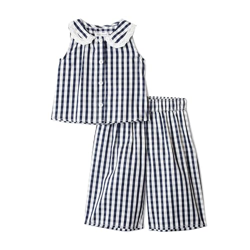 Amazon Essentials Unisex Babies x Sofia Grainge Baby Girls Cotton Sateen Top and Pants Set Navy Gingham 3T