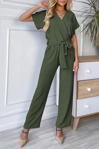 PRETTYGARDEN Women's Summer One Piece Jumpsuits Belted Short Sleeve Wrap V Neck Fashion Dressy Casual Wide Leg Pants Romper