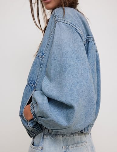 Lumister Womens Cropped Jean Jacket Oversized Zipped Long Sleeves Denim Jacket3