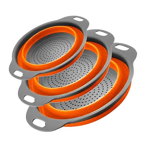 Surwin Escurridor Plegable, 3 Piezas Colador Plegable Escurridor Verduras Escurridor Plegable Silicona Colador Pasta Colador De Cocina para Frutas,Verduras (Naranja)