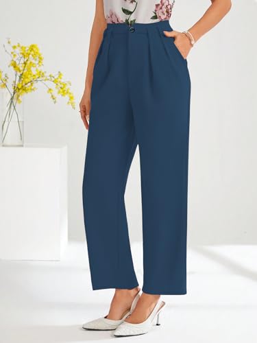 Image of Shasmi Women's High Waist Pleated Straight Leg Trousers - Elegant Solid Color Work Pants with Pockets, Casual Office Wear Polyester Blend Wide Leg Suit Pants (Trouser 235)