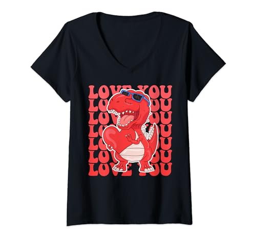 Mujer Día de San Valentín Love You Dinosaur Heart Camiseta Cuello V