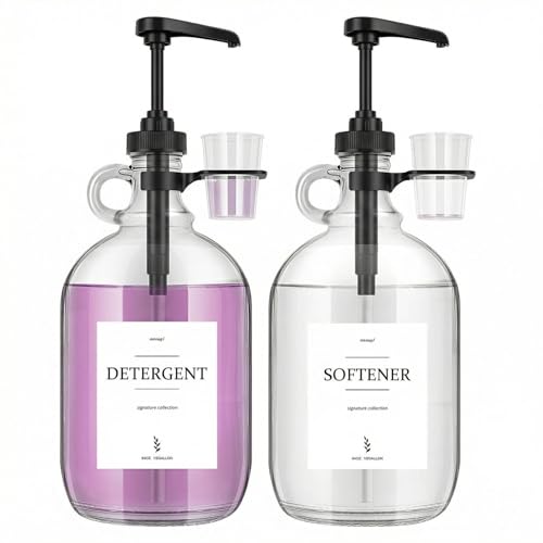 2 Pcs Glass Liquid Laundry Detergent Dispenser with Cup Holders Half Gallon Dispenser for Laundry Room (64 oz. Each) Laundry Detergent Bottles with Pump Dispenser - (Black Pumps)