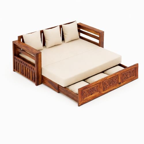 Image of SONA ART & CRAFTS Maharaja Sheesham Wood 3 Seater Sofa Cum Bed with Bedside | Wooden 3 Seater Sofa for Living Room Wooden Furniture Sofa Bed for Home (Natural Finish)