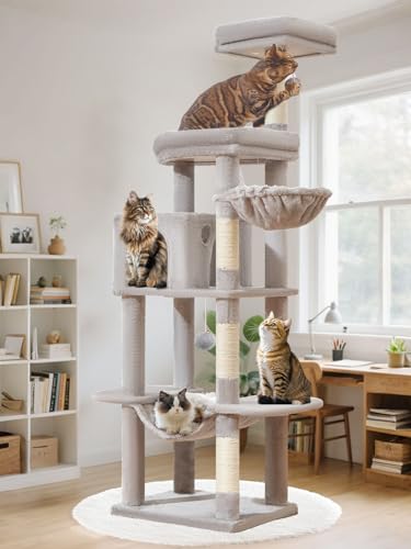 Image of Taoqimiao MS042W Cat Tree,66-inch Large Cat Tower with Scratching Posts, Luxurious Large Platform for Big Cats with Soft Hammock, Adjustable Basket, Deluxe Cat Cando, Top Perch Light Gray