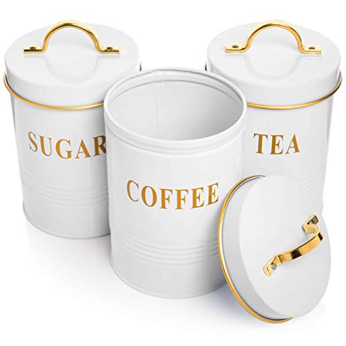 Restaurant Grade Farmhouse Canisters Sets for the Kitchen with Lids - Tea Sugar Coffe Kept Fresh for Long- Lightweight Durable Metal Tin Vintage Country decorative Sugar Tea Coffee jar for counter