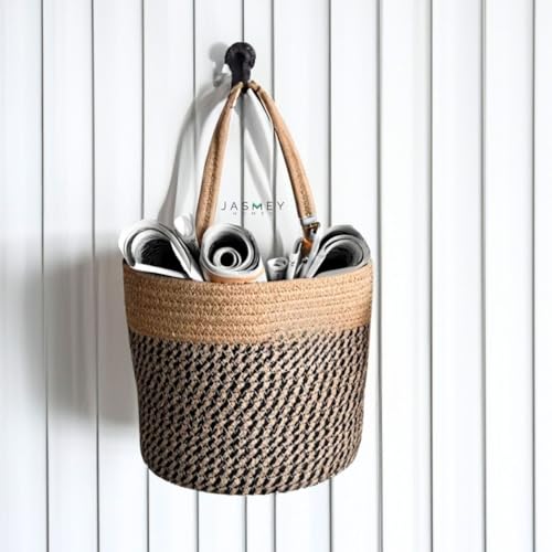 Image of JASMEY HOMES Wall Hanging Jute Basket for Vegetables /Newspaper Storage Box for Home /Milk Basket for Main Door Hanging from (Black)