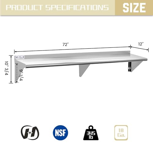 Image of Hally Stainless Steel Shelf 12 x 72 Inches 345 lb, NSF Commercial Wall Mount Floating Shelving for Restaurant, Kitchen, Home and Hotel