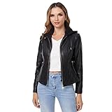 DIASHINY Faux Leather Jacket For Women Removable Hooded Moto Biker Coat Black M