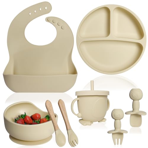 Image of Bluet B- Silicone Baby Feeding Set - Baby Led Weaning Supplies - Baby Spoons, Suction Bowl - Plate - Baby Utensils - Silicone Feeding Set for Baby First Foods, Infant Eating - 8pcs - Beige