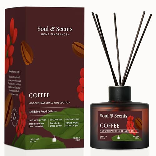Soul & Scents Reed Diffuser Set – Coffee | 7.43 oz Refillable Scented Oil with 6 Fiber Sticks | Long-Lasting Home Fragrance & Air Freshener for Bedroom, Bathroom, Office | Gift & Décor Piece