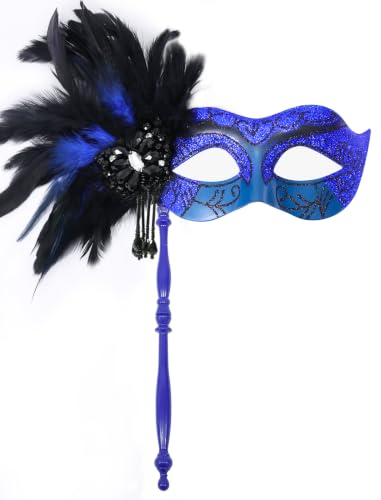 LCKRVOL Masquerade Mask for Women with Stick Beautiful Feather Masquerade Mask with Rhinestone Fit Well Mardi Gras Venetian Mask for Halloween Prom Costume Cosplay Birthday Party (Black & Blue)