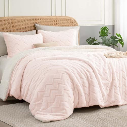 Image of BEDELITE Fluffy Sherpa King Comforter Set,Pink | Super Soft & Warm Fleece Bedding, Luxury Fuzzy Comforter for Winter, Heavy Plush Bedding Set,2 Pillowcases