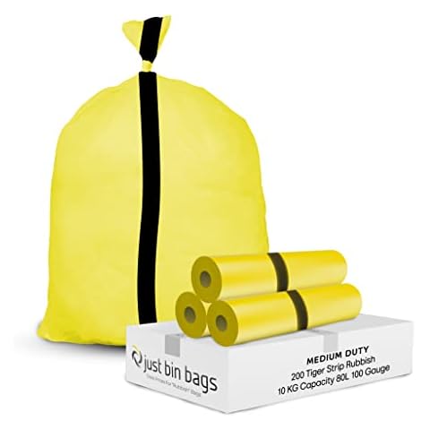 Rubbish Bags 80l Medium Duty Coloured Refuse Sacks Bin Liners - 100 Gauge, 25 Micron, Weight Capacity 10kg - 15 x 28 x 38 inches(200 Bags) - Tiger Stripe (Roll) Cover