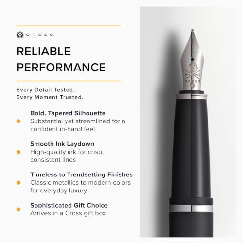 Image of Cross Calais Matte Black Refillable Fountain Pen - Medium Point, Black Ink, Smooth Writing, Presented in a Luxury Gift Box
