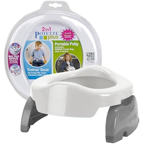 Kalencom Potette Plus 2-in-1 Travel Potty and Trainer Seat - Dual-Purpose Potty Training Toilet Seat - Portable Potty for Toddler Travel - with Durable, Lock-in Legs and Splash Guard - White/Gray Cover
