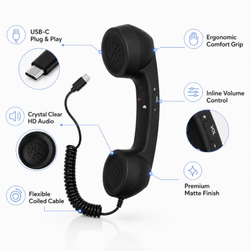 Image of Street27 Retro Phone Handset Compatible with Type-C Smartphones, Tablets & Computers, Corded Telephone Receiver with Noise Reduction, Volume Control & Answer Button for Calls and Meetings (Black)