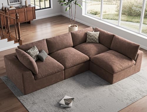120" Cloud Sectional Couch | Oversize Boneless Couches for Living Room | 4 Seater L-Shape Sofa | Brown