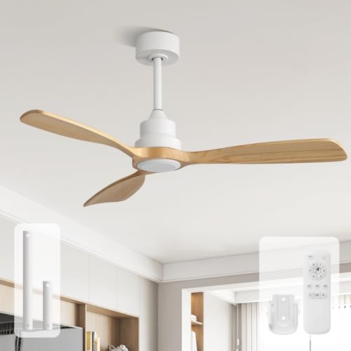 Image of Sofucor 48 Inch Wood Ceiling Fan No Light with Remote, Modern, 3 Blades | Ceiling Fan without Light, Quiet Reversible DC Motor, 6 Speed, Indoor /Covered Outdoor /Bedroom /Living Room /Patio, Natural Wood