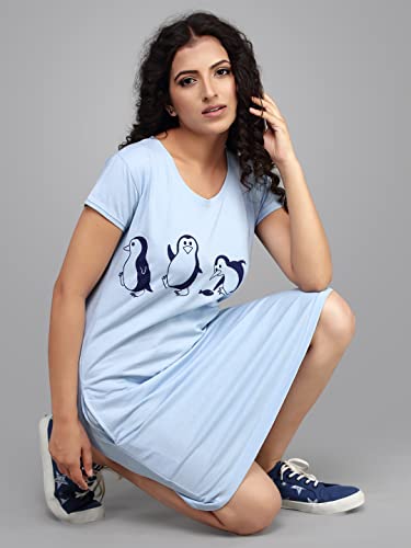 Image of Meerkat Women Short Sleeve Knee Length Cotton Knits Printed Short Nighty /Long Shirt /Midi