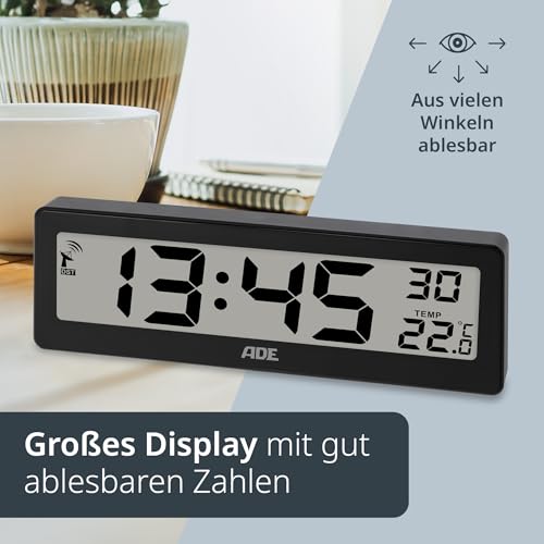 ADE Digitale Funkuhr Wohnzimmer mit Temperaturanzeige | sehr große Ziffern | gut ablesbares Display | schwarz