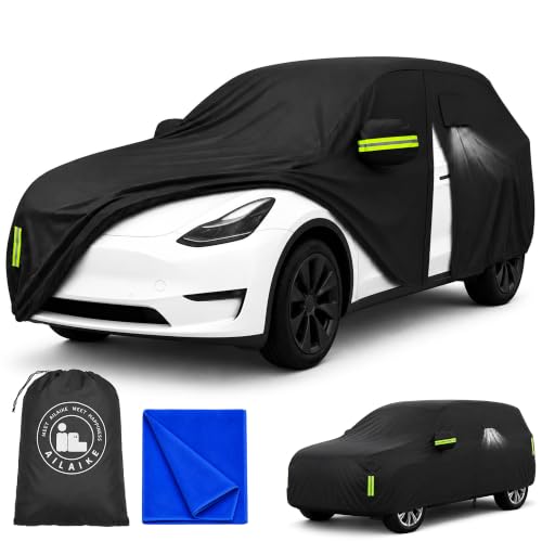Image of Car Cover All Weather Custom Fit for Model Y Waterproof 10 Layers 210T Full Cover Universal Heavy Duty Sun UV Rain Hail Protection with Driver Door Zipper Breathable Vents.