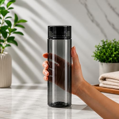 Image of H2O 1 Litre Each Water Bottle Set of 3 - Crystal Clear, BPA-Free, Breakproof & Leakproof | Fridge Safe Transparent PET Bottles | Made in India | Ideal for School, Office, Kitchen & Travel (Black)