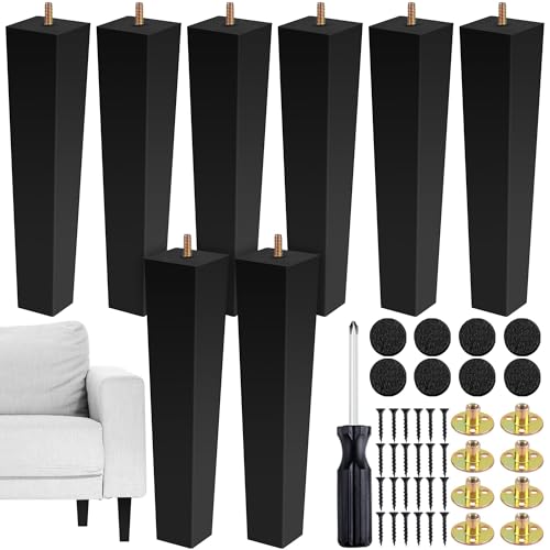 TURSTIN Set of 8 Furniture Legs 12 Inch Square Solid Wood Couch Legs Replacement Sofa Leg Mid Century Furniture Feet for Armchair Bed Dresser Cabinet Include Installation Hardware Black
