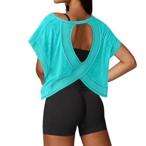 Image of UNIANKIYA Open Back Workout Tops for Women Loose Fit Athletic Crop Tee Short Sleeve Gym Running Yoga Shirt