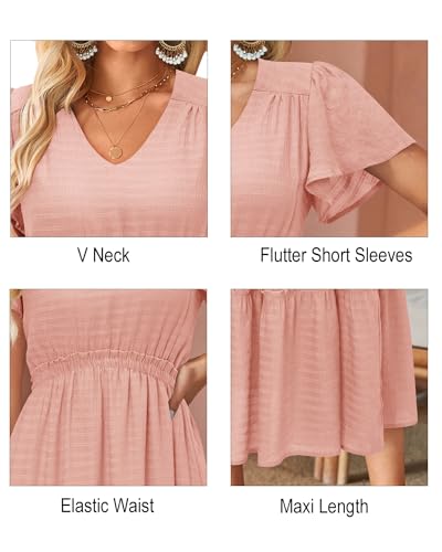 Image of VOTEPRETTY Women's 2026 Summer Boho Maxi Dresses Flutter Short Sleeve V Neck Casual Beach Wedding Guest Vacation Long Dress