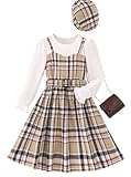 Hilinker Girls Plaid Ruffle Long Sleeve Dress Ribbed Belted Pleated Dresses with Hat White Brown Plaid 13-14 Year