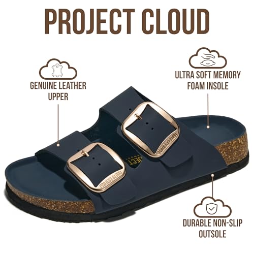 Image of Project Cloud 100% Genuine Leather Footbed Sandals for Women 2026 Comfortable Beach Essentials Womens Sandals Memory Foam Vacation Essentials Slides for Women Footwear (Santorini)