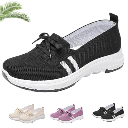 Women’s Breathable Knit Slip-On Sneakers with Bow, Summer Lightweight Low-Top Casual Orthopedic Shoes
