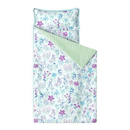 Image of Wake In Cloud - Toddler Nap Mat with Pillow and Minky Fleece Blanket, for Kids Girls Ages 3 Plus in Daycare Preschool Kindergarten, Roll Up Sleeping Bag, Floral Flowers