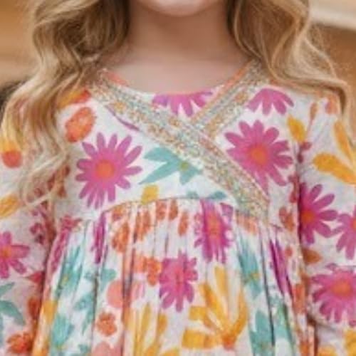 Image of A.T.U.N. (ALL THINGS UBER NICE) Girls Premium Cotton Kurti Sharara Combo Set | Vibrant Ethnic Traditional Print | Comfortable Festive Cultural Outfit for Kids