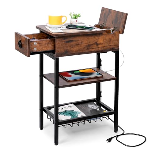 Cazacomzy Skinny End Tables with USB Ports and Outlets for Living Room, Slim Nightstand with Charging Station for Bedroom,Chair Side Table with Storage for Small Spaces,Rustic Side Table Recliner