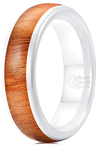 THREE KEYS JEWELRY 6mm White Ceramic Ring for Men Women Wedding Jewelry with Koa Wood Inlay Engagement Band Domed Top Comfort Fit size 9