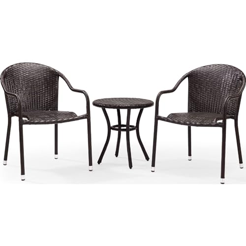 Image of Patio Furniture Set, 3 Pieces Porch Backyard Garden Outdoor Furniture Rattan Chairs and Table Wicker Conversation Set (Dark Brown Color) 60 x 56 x 74 Cm