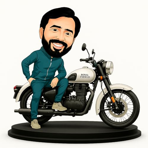 Image of WEHATKE WEHATKEWEHATKE Personalized Royal Enfield Bike Caricature Standee | Custom 2D Acrylic Photo Cartoon Gift for Bikers, Husband, Boyfriend | Birthday and Anniversary Desk Decor