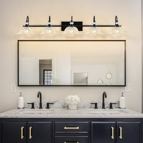 Image of Black Bathroom Vanity Light, 5-Light Vanity Light with Crystal Glass Shades, Vintage Farmhouse Vanity Lighting for Bathroom and Dressing Table