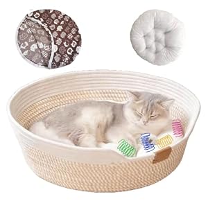 MRIH-HF Katzenbett mit Kissen, für Katzen zum Schlafen, 47 cm waschbarer Katzenkorb, gewebt aus Baumwollseilen