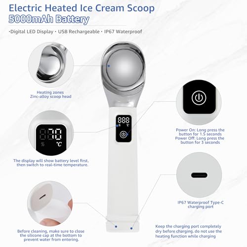 Electric Heated Ice Cream Scoop, Kitchen Gadget with Digital LED Temperature Display for Easy Scooping Rechargeable Scooper Dessert Server 5000mAh USB Powered IP67 Waterproof Kitchen Tool 2 Oz Max70°C - Image 4