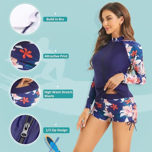 Sillictor Rash Vest Women Long Sleeve Swim Top UV Half Zip Womens Swim Shorts and Top Set Modest Swimwear Two Piece Swimsuits Ladies Rash Guard Shirt for Surfing,Quick Dry 426 Navy Pink Flower M - Image 5