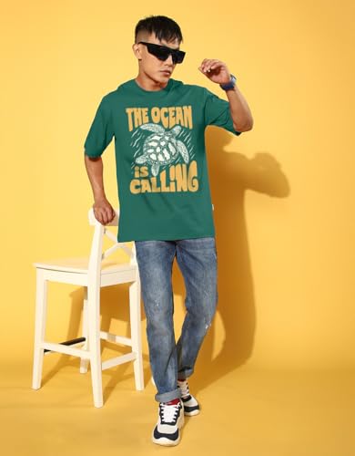 Image of Cotton Blend Oversized Loose Fit Drop Shoulder Graphic Printed Men's Half Sleeve T-Shirt (Sizes: S to 2XL)