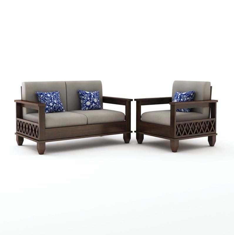 Image of STRATA FURNITURE Sheesham Wood 3 Seater Sofa Set for Living Room Hall Home Solid Wooden 2+1 Seater Sofa Set Furniture (Walnut Finish)