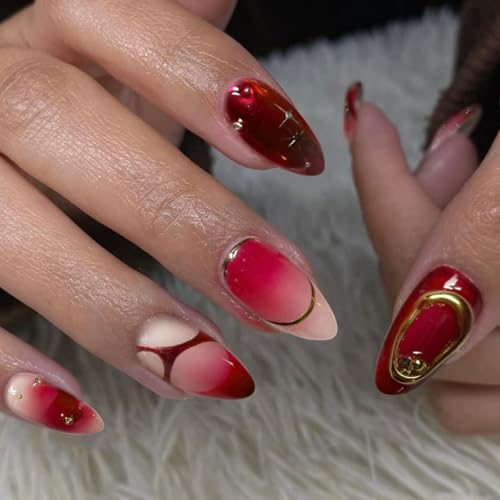 VOTACOS Wine Red French Tip Press on Nails Short Almond Acrylic Fake Nails Press Ons with Designs Ombre Burgundy Glue on Nail for Women Golden Bead Star Glossy Reusable Artificial Stick on False Nail — view 6