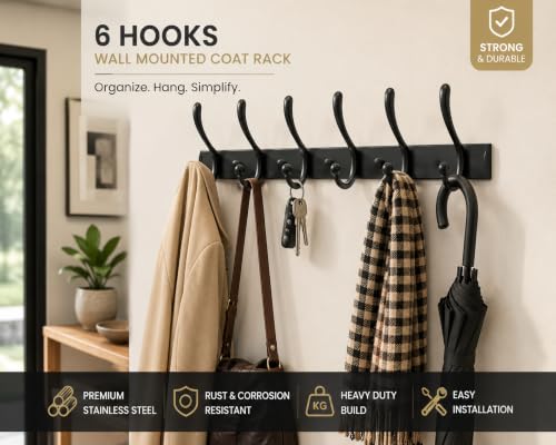 Image of Exclusive Extra Long 40 cm Antique Brass 6 Pin Metal Bathroom Cloth Hooks Hanger Door Wall Robe Hooks Rail for Hanging Keys, Clothes, Towel (2, Black)