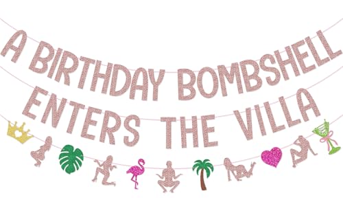 Rose Gold A Birthday Bombshell Enters The Villa Banner Garland for Tropical Island Themed Birthday Party Decorations
